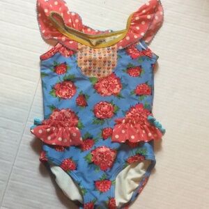 Matilda Jane Blue Floral One-Piece Swimsuit with Coral Ruffles and Yellow Trim